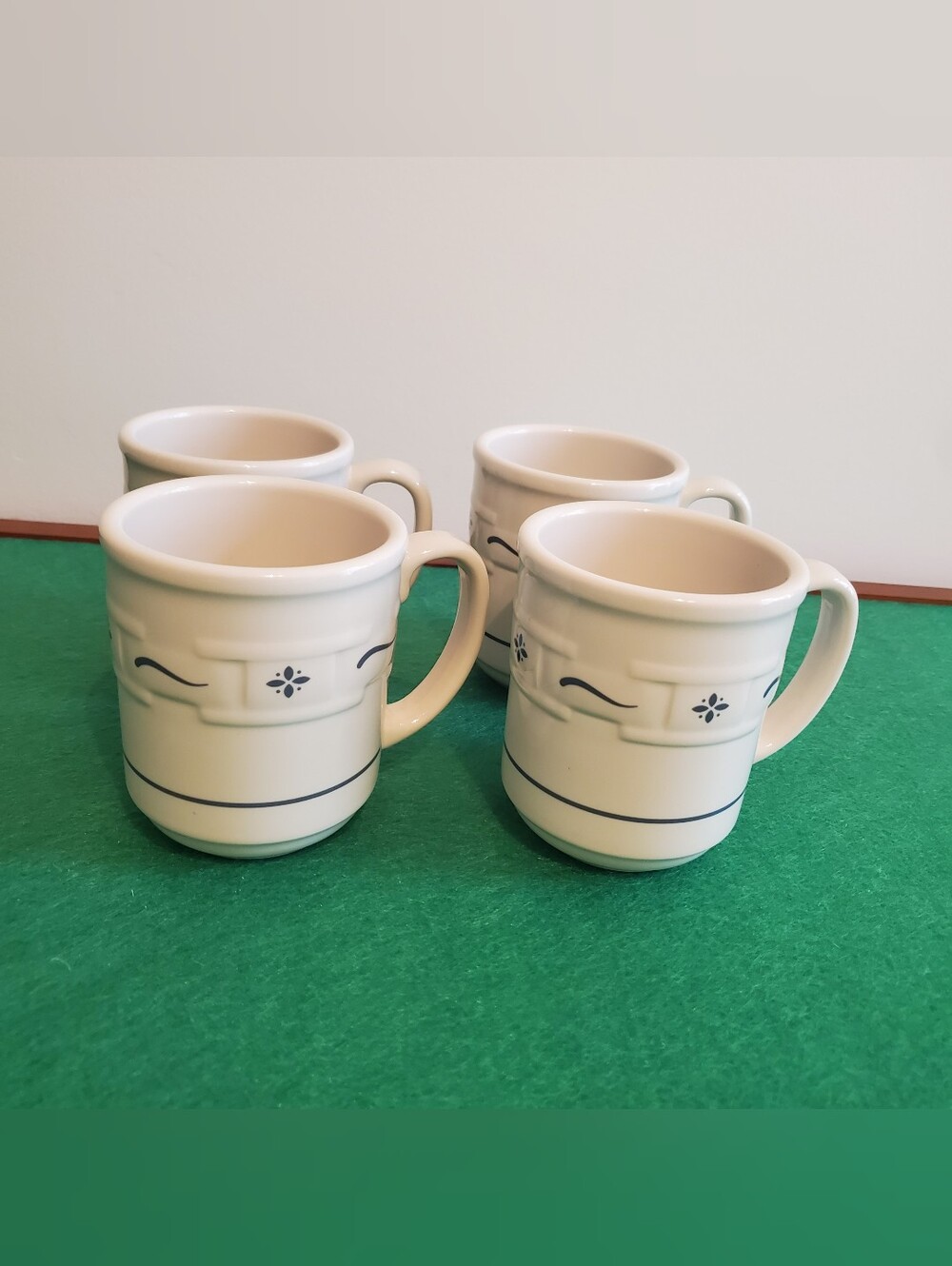 Longaberger Pottery Coffee Mugs Woven Classic Blue Oven Freezer Microwave Safe 4